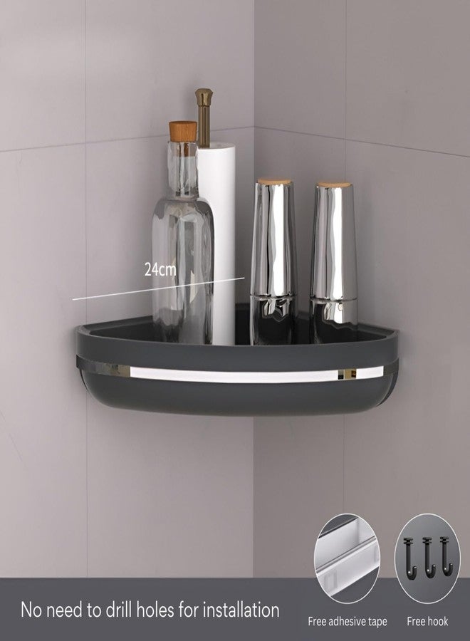 HOOPVOOL منظم رفوف الحمام البلاستيكي من هوبفول، رف دش ذاتي اللصق سهل التركيب بدون حفر، رف مثبت على الحائط، مع حامل مناشف ومناديل بخطاف، يستخدم للحمام والمطبخ (زاوية، أسود) - Image 2